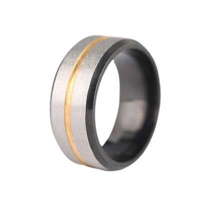 

Silver Brushed Black Edge Groove Tungsten Ring Gold Stripe Mens Wedding Band