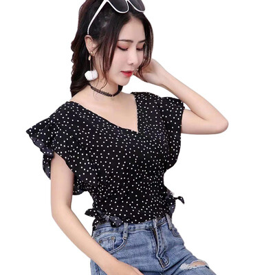 

Dot Print Elegant Chiffon Blouse Women Short Sleeve Ruffles Lace Up Nipped Waist Blouse Sexy V-Neck blusas mujer de moda 2019