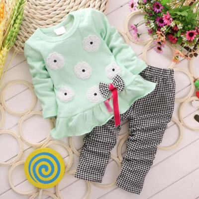 

2pcs Spring Fall Girls Clothing Set Baby Kid Casual Long-sleeved Floral t-shirt Plaid Long Pants