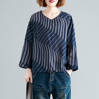 

Women Vintage Loose Blouse Printed Long Sleeves Drawstring Oversized Plus Size Cotton Linen Spring Autumn Casual Tops