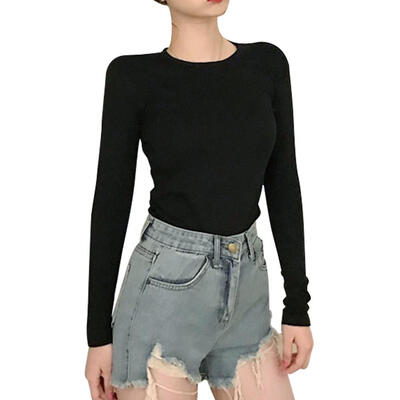 

Autumn Women Casual Basic T-shirts Solid Color Slim Fit Milk Silk Girls Top