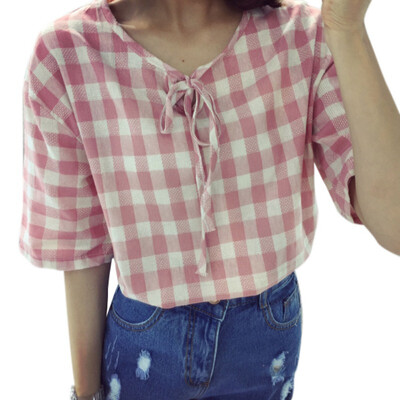 

Fashion Lace Up Plaid Strip Shirts Women Lattice Short Sleeve Shirt Summer Ladies Casual V-neck Cropped Blouses Women Tops