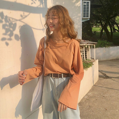 

Basic Simple Solid Color Tee Shirt Women T Shirts Long Sleeve O-Neck T Shirt Loose Fit Pullover Casual Basic T-Shirts Tops