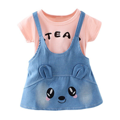 

2018 Summer 1-4T Newly Fashion Baby Girls Cute Dress Girls Short-sleeved Cowboy Cartoon Strap Fake 2 Pieces Baby Girl Dresses