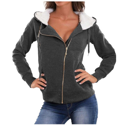 

Tailored Women Fashion Solid Outerwear Pocket Jacket Zipper Long Sleeve Plush Hooded Coat
