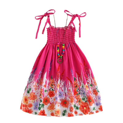 

Casual Baby Girls Dress with Necklace Sleeveless Floral Print Strap Kids Dress For Girls Clothes Toddler Sundress