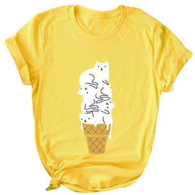 

Funny Cartoon Cat Ice Cream Print Summer T-Shirt Women Short Sleeve O-Neck Top