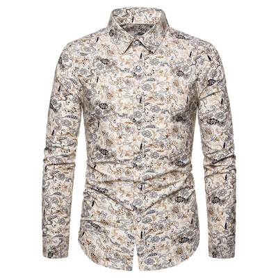 

Tailored Men Summer Slim Loose Hawaii Long Sleeve Printed Turn-down Collar T-shirt Tops