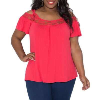 

Women Summer Casual Lace Splice Cold Shoulder Solid Color Short Sleeve T-shirt