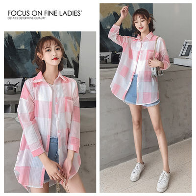 

Woman Blouses Summer Thin Short Female Tops Plaid Chiffon Womens Top Blouse New Arrival Female Korean Blouse