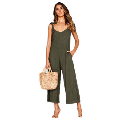 

Casual Summer Jumpsuits Sleeveless Solid Color Loose Backless Jumpsuit V-Neck Slim Female Jumpsuit 4 Color Wide Leg Pants