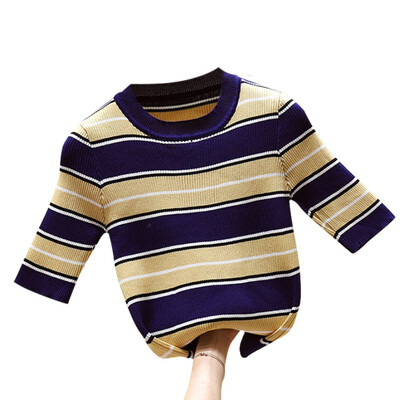 

Women Sweater Autumn New Winter Stripes Print Slim Short Sleeved Round Neck Slim Bottom Knit Sweater Half Sleeve Sweaterw