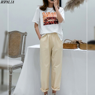 

Womens Fashion O-Neck Letter Pattern Top And Ankle-Length Pants Set Pullover Sweet Women 2 Pieces Set