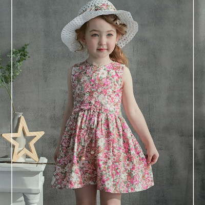 

Cute Children Summer Girls Round Collar Cute Cartoon Floral Print Sleeveless Sweet Princess DressHat 1-7Y Toddler Girl Clothes