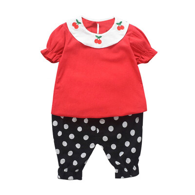 

Summer Baby Girl Clothes Embroidery Cherry Print Short Sleeve T-shirt Blouse Dot Pants Casual Clothes