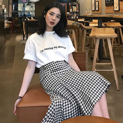 

Womens Round Neck Letter Print Short Sleeve T Shirt Plaid Print Skirt Two-Piece Set Pullover Top Sweet Style Sets