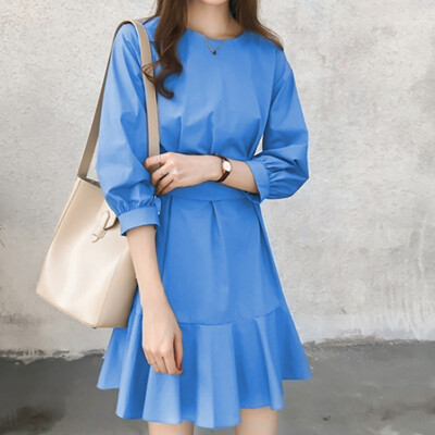 

Fashion Women Dress Autumn Solid Color Wild Round Neck Sexy Lace Up Bow Slim Shirts Long Sleeve Mid-length Casual Dress