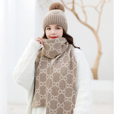 

In autumn&winter simple fur ball hat ladies set knitted scarf two-piece fashion warm&cold-proof head cap