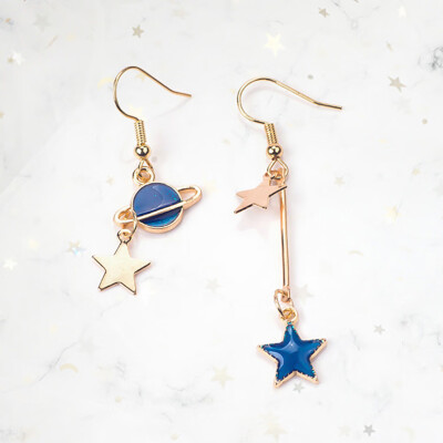 

1 Pair Fashion Blue Star Moon Star Stud Earrings For Women Gold Color Universe Planet Circle Asymmetry Long Earrings