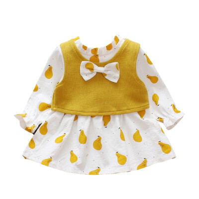 

Baby Girl Dress Autumn Long Sleeve Print Knit Vest Bows Kids Dresses For Girls Princess Dress Children Clothing