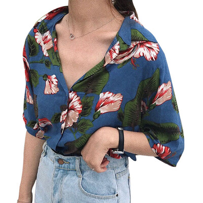

Harajuku Women Blouse&Tops Printed Vintage Korean Short Sleeve Casual blusas Hawaiian Beach female lady shirts