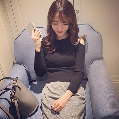 

2019 O-Neck Sexy Off Shoulder Sweaters Pullovers Korean Fashion Solid Femme Casual Long Sleeve Pullover Tops Woman Clothes