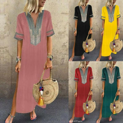 

New Womens Short Sleeve Boho Party Casual Kaftan Maxi Dress Long Dresses