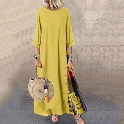 

Women Dress Cotton Linen Color Block Irregular Splicing Buttons Floral Print Three Quarter Sleeve Maxi Gown Vintage One-Piece
