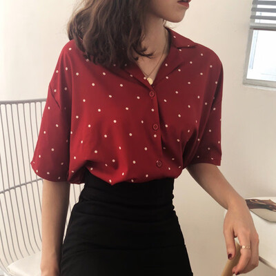 

Office Lady Tops And Blouses Fashion Women Summer Short Sleeve Blouse Polka Dot Womens Turn Down Collar Casual Short Tops