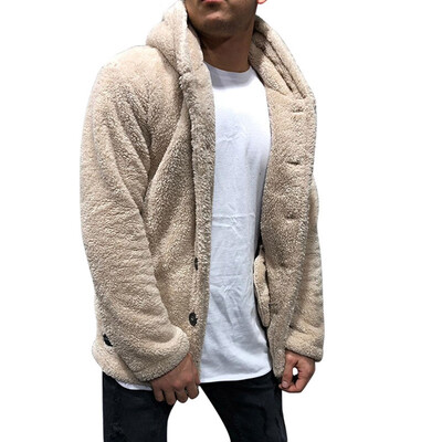 

2019 New Autunm And Winter Men Fashion Casual Solid Color Fleece Jacket Button Long Sleeve Hooded Coat