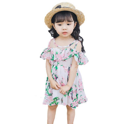 

Summer Children Girls Cute Dress Flower Chiffon Floral Print Stitching Bottoming Sleeveless Sweet Princess Off-Shoulder Dress