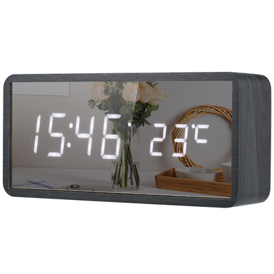 

Wooden LED Digital Sound Control Mirror Alarm Clock USBBattery Powered Dimmer Thermometer Clock with 3 Alarms Weekday Alarm--Blac