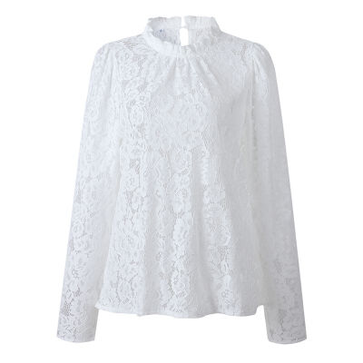 

Women Fall Fashion Sexy Lace Round Collar Long Sleeve Slim Versatile Floral Embroidered T-shirt