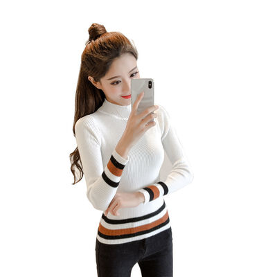 

Autumn Round Collar Slim Striped Print Color Matching Sweater Women Long-Sleeved Casual Knitted Bottoming Pullovers Tops Female