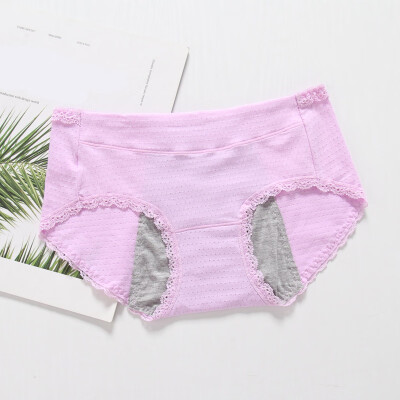 

New Elastic Color Cotton Breathable Mid-waist Physiological Period Double Anti-side Leakage Briefs Lace Stitching Panties