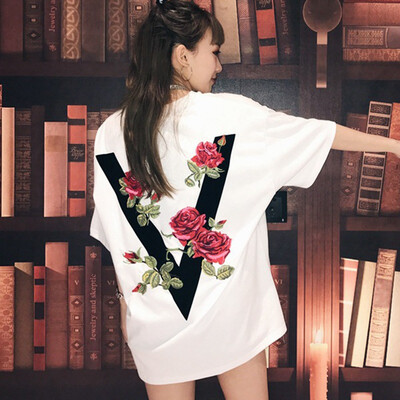 

Capital V Rose Printed Casual T-Shirt Couple Short Sleeve O Neck Loose Long T-Shirt Harajuku Cozy Wild Black White T Shirts New
