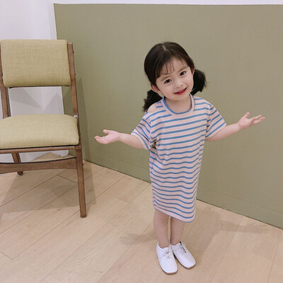 

Three-color Summer New Fashion Baby Girls Casual Cotton Stripe T-shirt Dress Kids Short Sleeves Dress