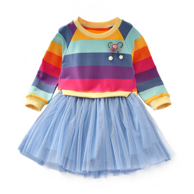 

Autumn Casual Baby Girls Long Sleeve Rainbow Striped Pattern Patchwork Mesh Dress Kids Dresses