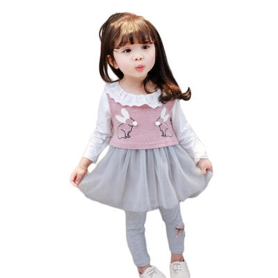 

WEIXINBUY Baby Girls Dress Rabbit Vest long-sleeved Dress Autumn Cotton three-piecesSet