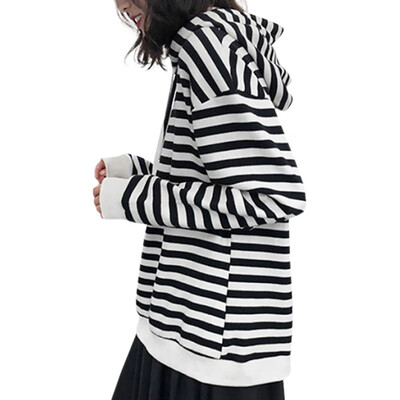 

Korea Style Women Simple Autumn Long Sleeve Cute Stripes Print Casual Loose Hooded Sweatshirt