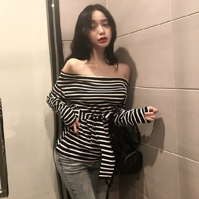 

Women Off Shoulder Long Sleeve Blouse Jumper Casual Autumn Belt Tops T-shirt