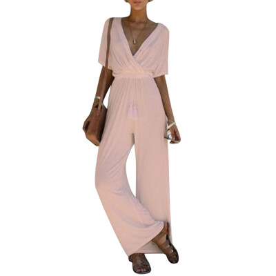

2019 Womens Sexy Drawstring Deep V Neck Jumpsuits Fashion Solid Color Wide Leg Jumpsuits Casual Short Sleeve Straight Rompers