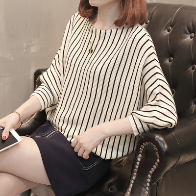 

3 Colors Autumn Winter Stripes Round Collar Slim Bottom Sweater Women Print Slim Bat Long-Sleeved Sweater Tops