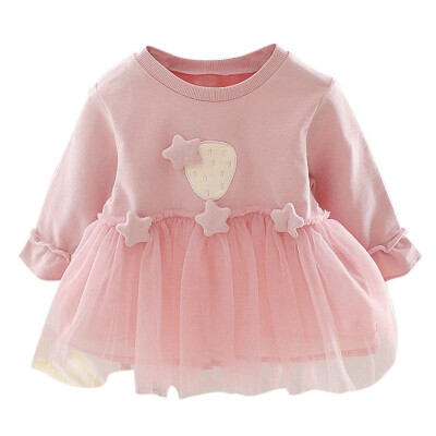 

2 Color Autumn Casual Baby Girls Dress 6M-3Y Kids Strawberry Pattern Long Sleeve Patchwork Mesh Dress Toddler Girl Party Dress