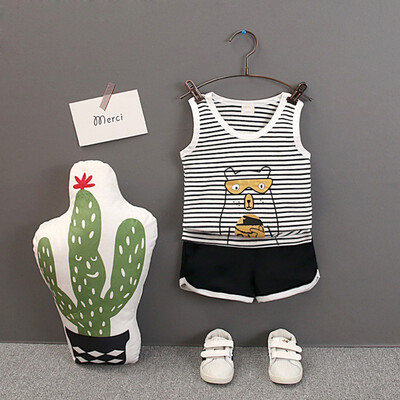 

2PcsSet Summer Children Baby Boys Casual Sleeveless Striped Bear Print Vest TopsShorts Suits Costume Set