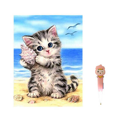 

5D Beach Cat Rhinestone Diamond Painting Animal Drill Crystal Embroidery Needlework DIY Indoor Decoration Cross Stitch with Pen