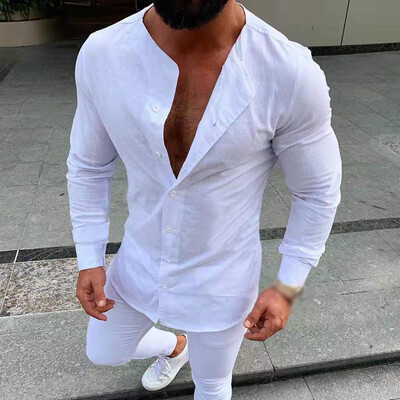 

Mens T-shirt Button Down Long Sleeve Sports Casual Solid Color Simple Loose