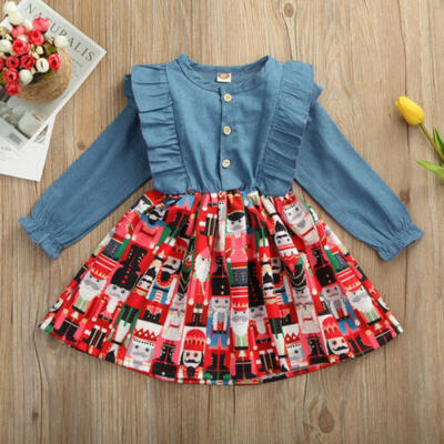 

US Newborn Baby Girl Kid Christmas Denim Stitching Skirt Xmas Dress Clothes Sets