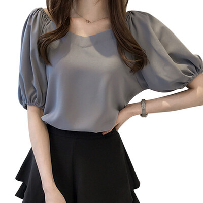 

2019 Summer Women Blouses Tops V-Neck Short Sleeve Chiffon Blouse Female Shirts Blusas
