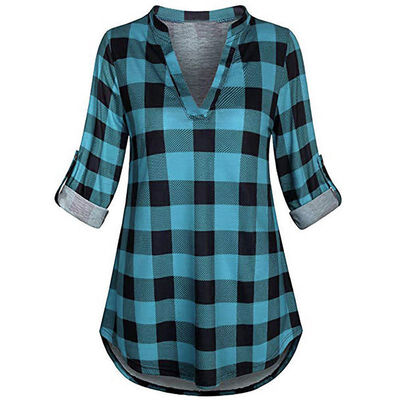 

Women Cotton Linen Blouse Fashion Plaid Print Blouse Button V-neck Long-sleeved Bottoming Shirt Women Autumn Shirt Tops